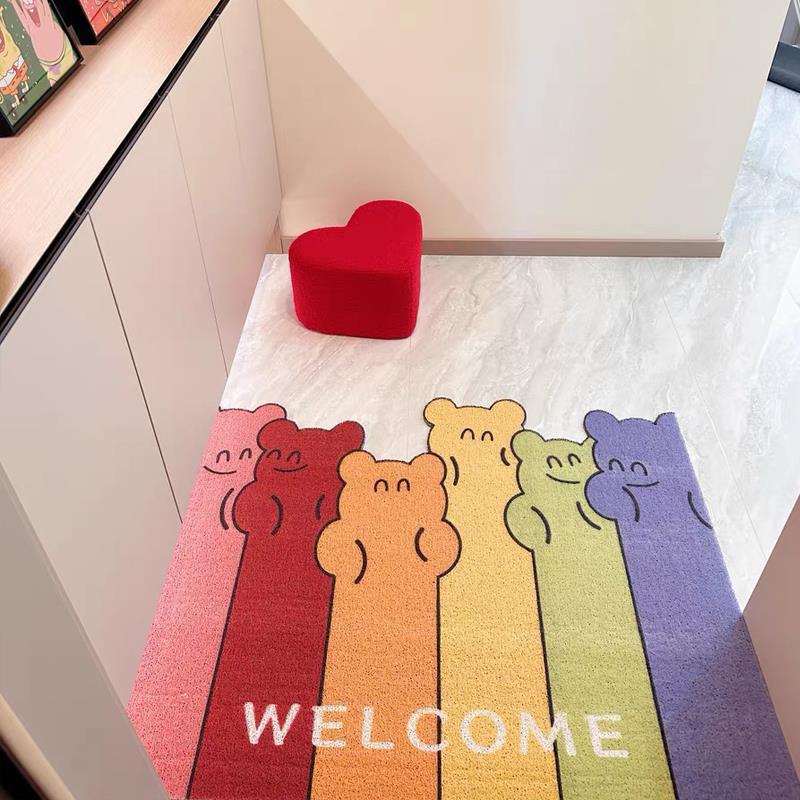 温馨彩虹熊丝圈入户地垫卡通进门玄关脚垫刮泥蹭土门垫防滑可裁剪