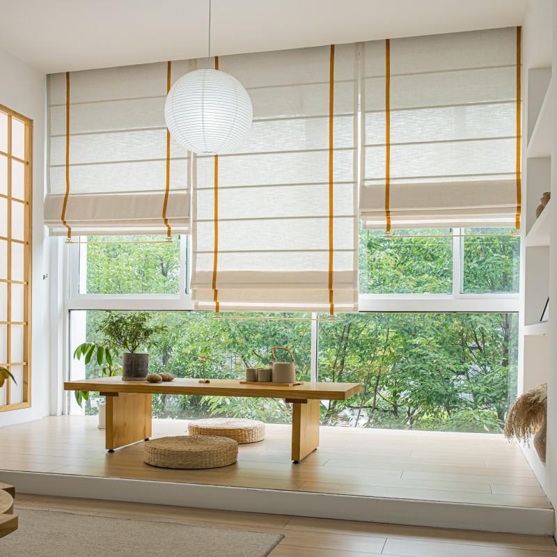 日式亚麻透光不透人隔热窗帘下杆式罗马帘升降卷帘拉珠客厅酒店