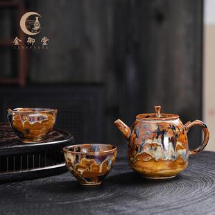 功夫茶具一壶二杯 手工仿古柴烧壶家用陶瓷泡茶壶窑变浮雕过滤中式