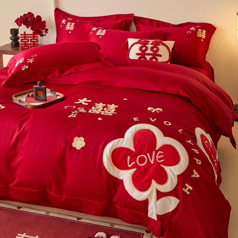 高档中式结婚四件套喜庆大红色刺绣纯棉被套床单陪嫁婚庆床上用品