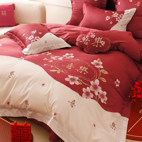 小浪漫高支全棉结婚四件套花卉刺绣纯棉喜嫁被套床单红色床上用品