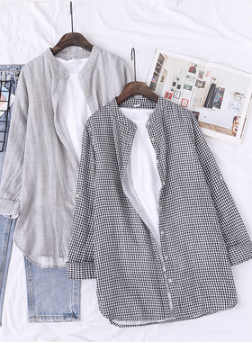 日系文艺小清新格子宽松中长款双层棉纱白衬衫P女长袖学生打底衫