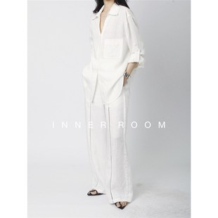 INNEaR ROOM白色V领亚麻衬衫套装女夏老钱显瘦蕾丝拼接阔腿裤2件