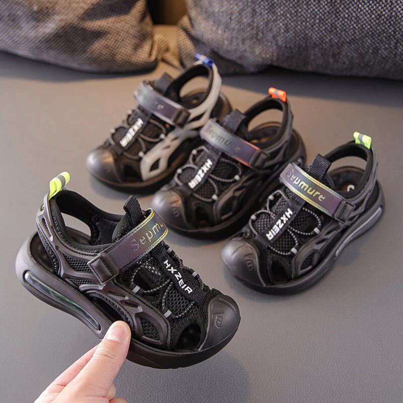 青少年包头包脚儿童黑白色凉鞋男童2024夏季新款夏防水软底小男孩