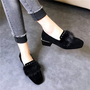 秋季女鞋子2025年p新款潮鞋冬鞋秋款中跟单鞋毛毛鞋纯皮棉瓢鞋貂