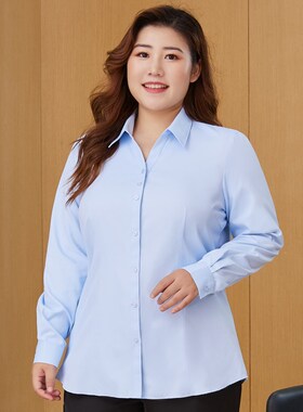 胖MM200斤长袖白衬衫sV领加肥加大码衬衣斜纹工作服中长款宽松职