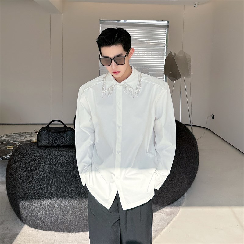 设计感流苏珍珠装饰长袖衬衫男韩版小众休闲网红免烫衬衣白色内搭