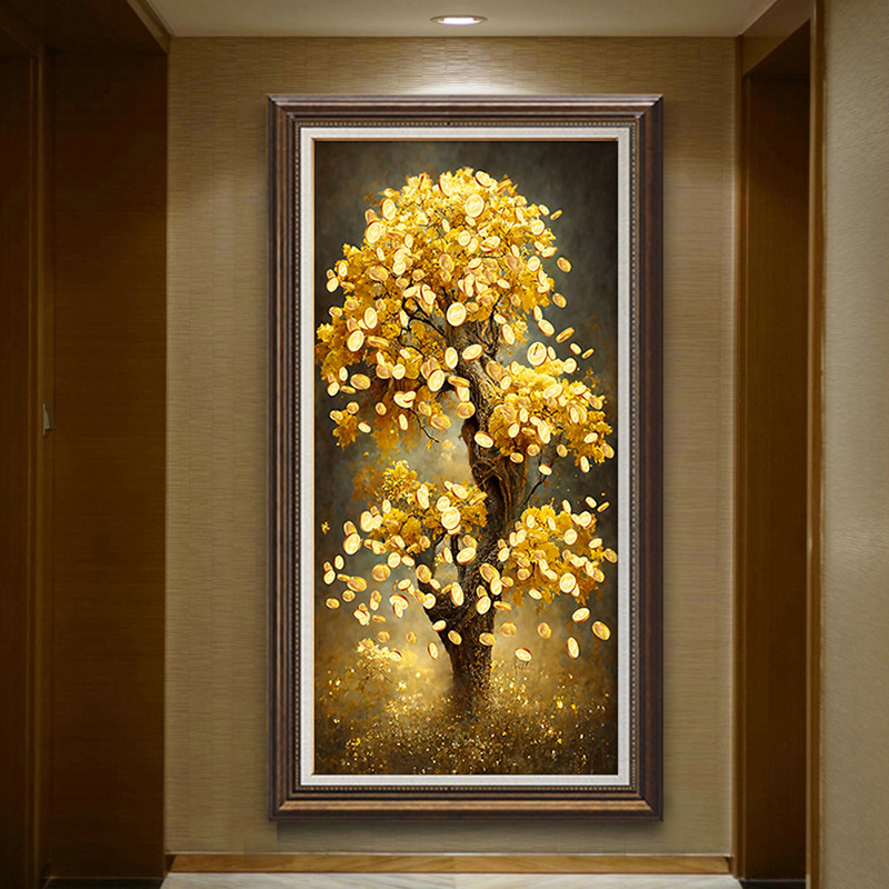 发财树壁画入户玄关装饰画美式客厅过道走廊挂画欧式楼梯间竖版画