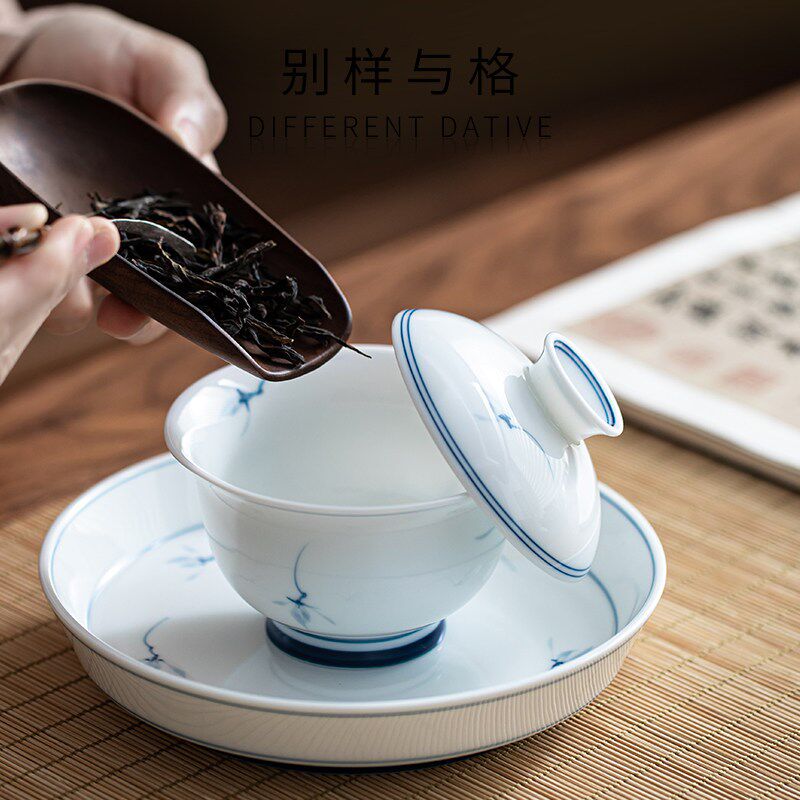 手绘青花瓷白瓷泡茶二才盖碗单个高档可悬停旋转大号茶杯茶具套装
