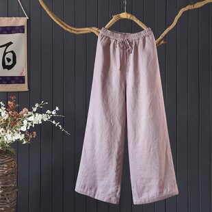 冬季文艺宽松显瘦纯色亚麻夹w棉加厚加长长裤女直筒保暖棉裤阔腿