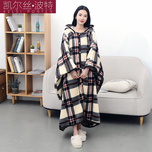 秋冬加厚保暖午h睡毯法兰绒空调毯开扣斗篷懒人披风打坐多功能毛