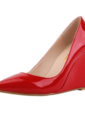 10厘米坡跟高跟鞋大码女鞋40-4z1-42尖头漆皮白色黑色坡跟单鞋百