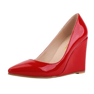 10厘米坡跟高跟鞋大码女鞋40-4z1-42尖头漆皮白色黑色坡跟单鞋百