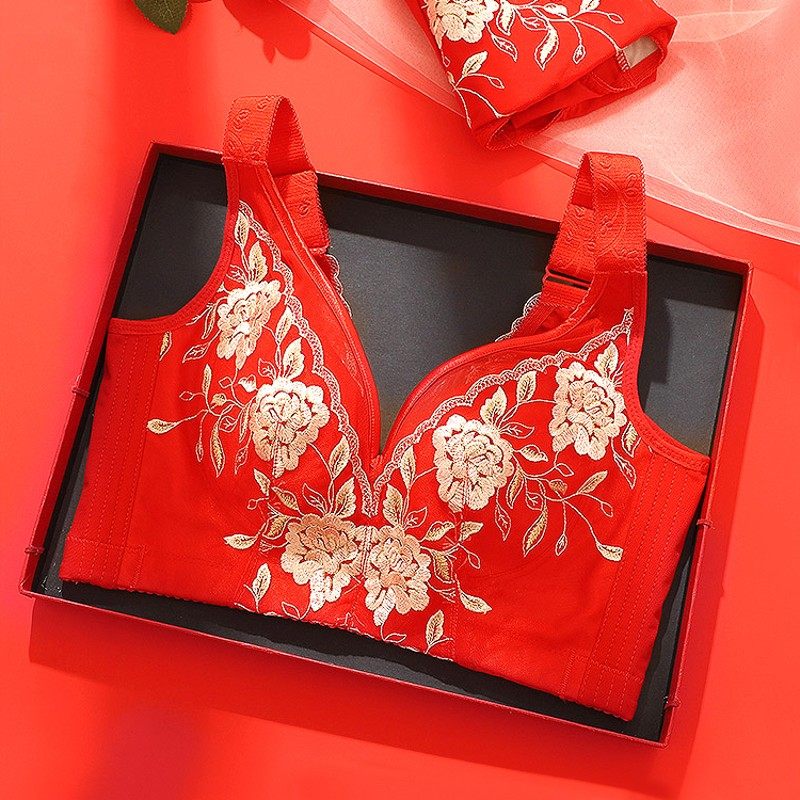 大红色本命年结婚新娘内衣女一套装薄款无钢圈文胸聚拢调整型胸罩