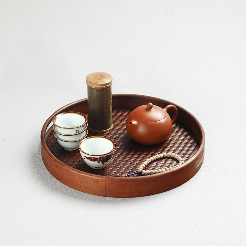 手工竹制圆形奉茶盘仿古中式长方形托盘家用茶台茶具收纳盘干泡台
