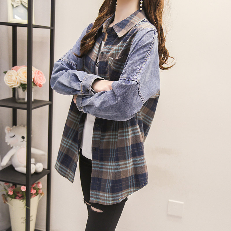 格子拼接撞色牛仔衬衫女长袖2021春装新款韩O版宽松设计感小众衬