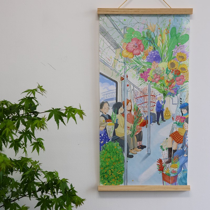喵9蓬莱岛手绘插画木轴挂画可定制画面客厅装饰房间装饰卧室装饰