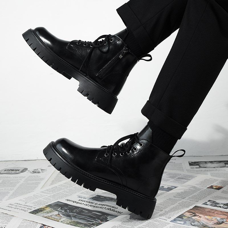 马丁靴男款英伦风中帮皮鞋厚底增高男生皮靴子侧拉链高帮透气男靴