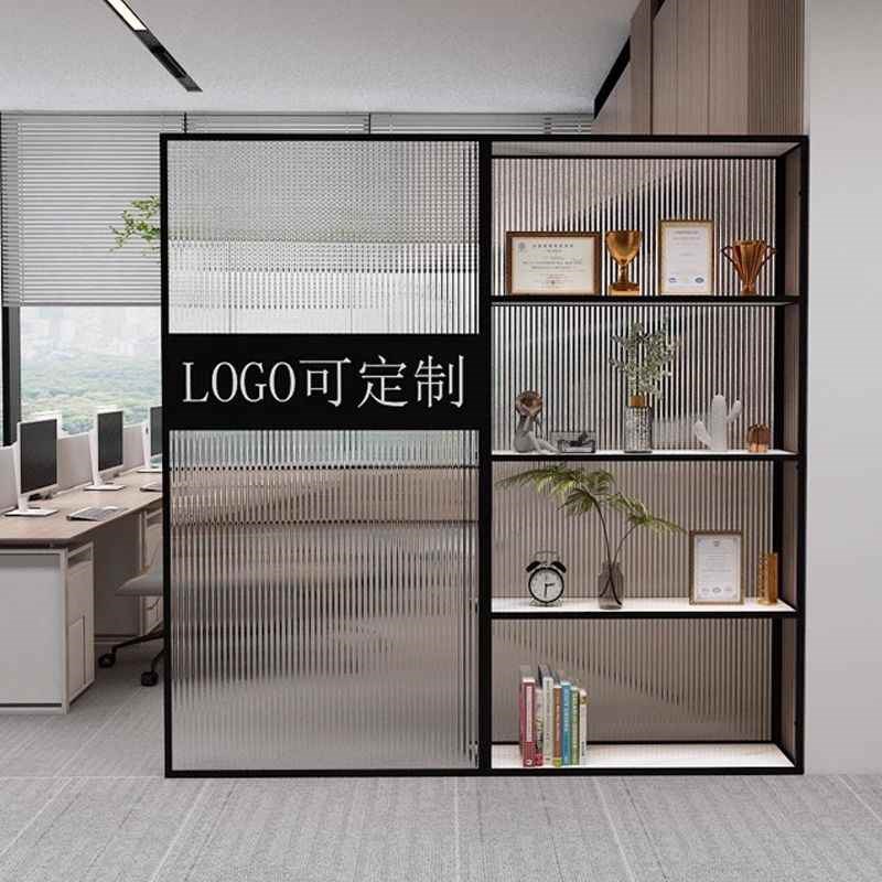 公司玄关入户玻璃隔断存储柜办公室进门前台屏风置物架logo形象墙