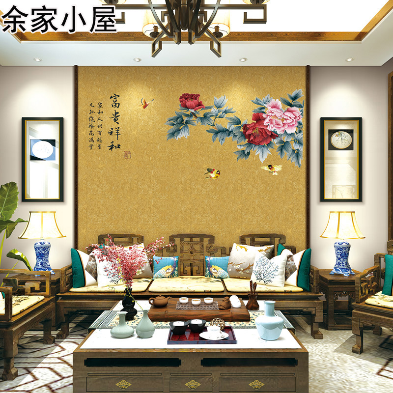 定制独秀背景墙墙布 中式牡丹独绣背景壁布 客厅沙发电视刺绣壁画