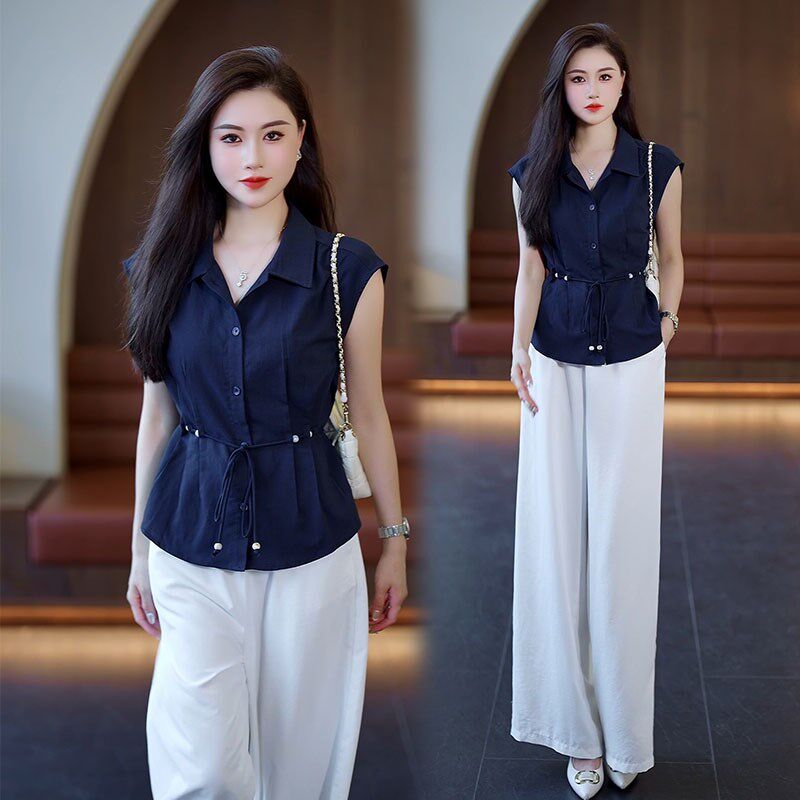 高级感时尚气质套装女夏季新款洋C气收腰显瘦无袖衬衣阔腿裤两件