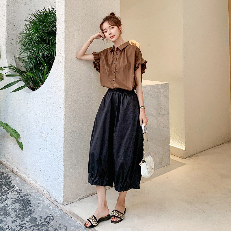 咖色衬衫阔腿裤显瘦遮肉套装女2025F新款夏季小个子灯笼裤两件套