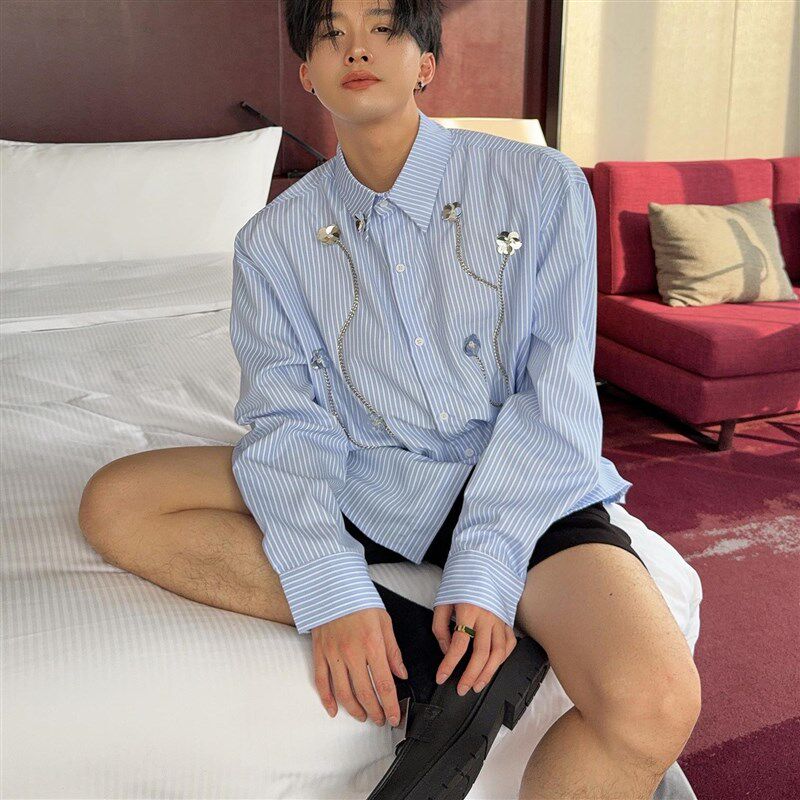 大富2025新款手工缝制立体链条珠花长袖衬衫男宽松蓝色条纹衬衣潮