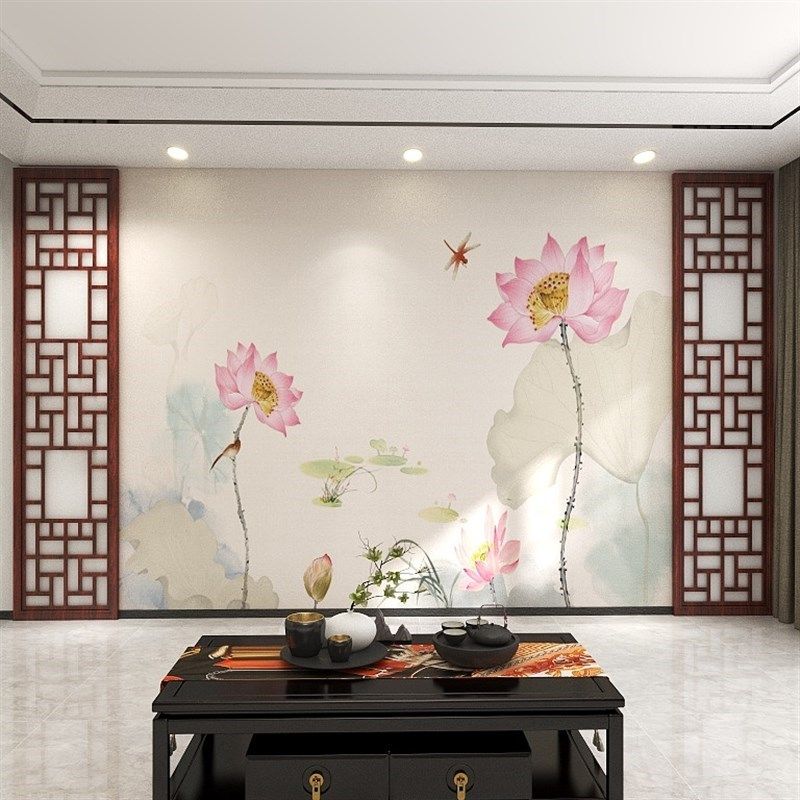 新中式电视背景墙壁布现代简约花鸟壁纸餐厅客厅沙发影视墙布壁画