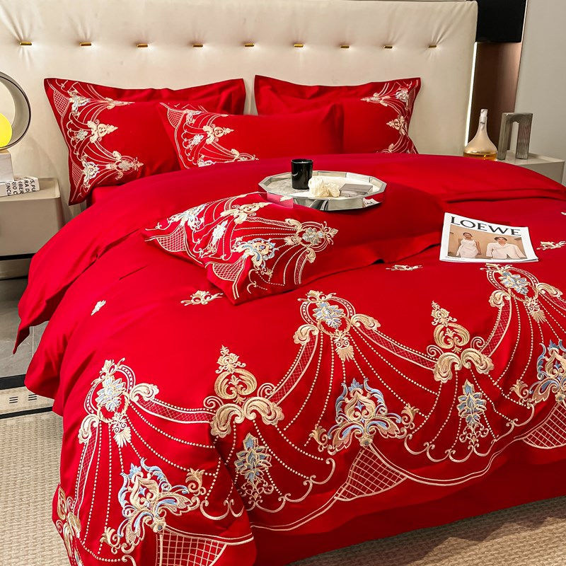 奢华结婚四件套红色长绒棉全棉婚庆床上用品婚房陪嫁床品