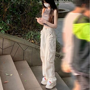 145xxs矮小个子白色牛仔工装裤春季2025年新款阔腿裤X直筒裤女九