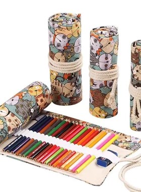 素描彩铅笔帘卷笔袋24支36支4y8支72孔大容量帆布收纳包折叠美术