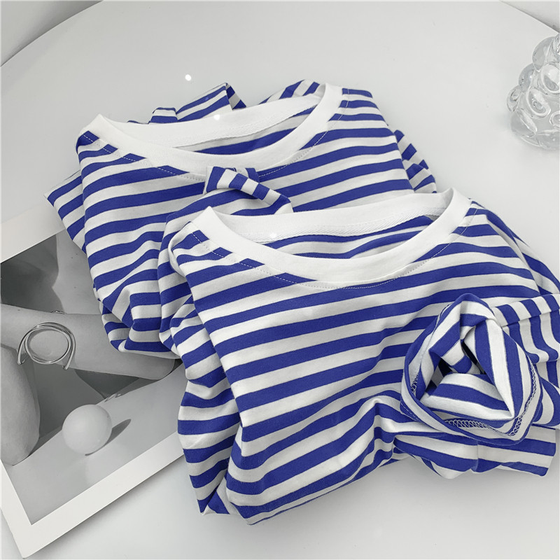 蓝白条纹元圆领jT恤打底衫女海军蓝条纹衫宽松内搭外穿打底衫T恤