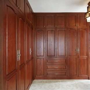 全屋定制衣柜整体红橡木原木全实木见光板美式书柜酒柜衣帽间定做