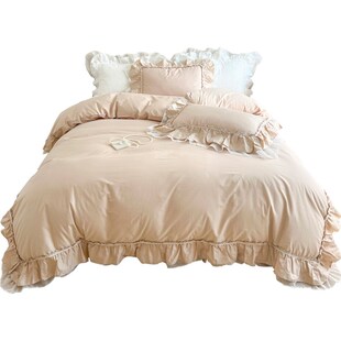 法式 高级感全棉纯色床上四件套公主风蕾丝花边被套少女床裙款