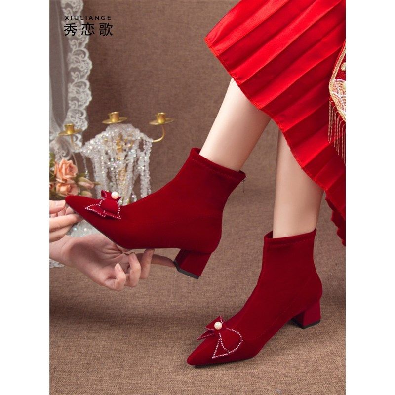 酒红色靴子2024年新款冬季瘦瘦靴孕妇可穿不累脚婚鞋粗跟高跟鞋,女鞋,婚鞋,淘宝优惠券,粉丝福利购,淘宝优惠卷