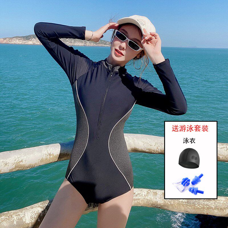 泳衣女夏保守韩国ins长袖冲浪服连体泳衣学生沙滩防晒潜水服泳装