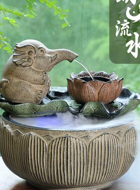 办公室装饰大象吐水流水生财摆件循环水茶室布置鱼池茶桌水系景观