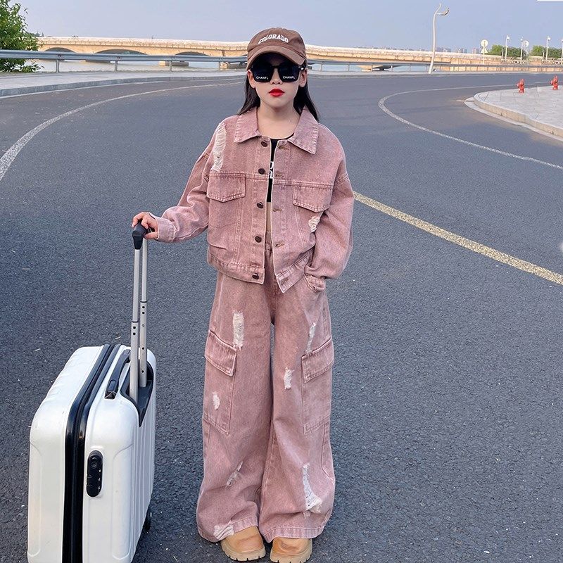 女大童春秋装牛仔套装2025新款儿童洋气炸街韩版工装阔腿裤两件套