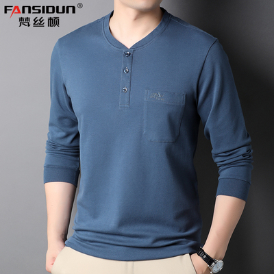 男士长袖T恤春秋款休闲棉体恤中老年爸爸装带扣圆领无领有口袋t血