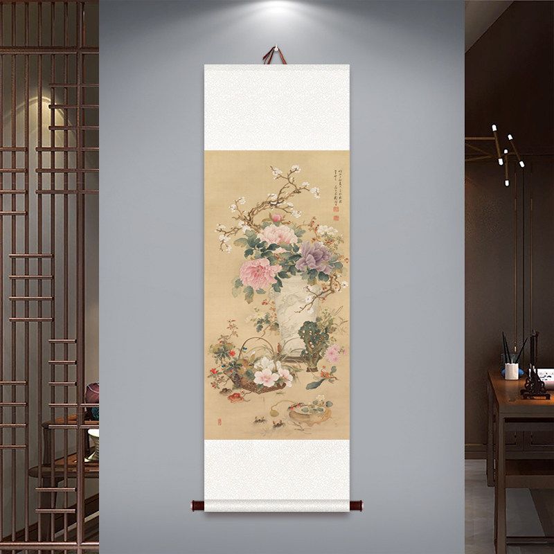卷轴挂画张大千国画岁朝清供图富贵吉祥好寓意花鸟挂轴茶室装饰画