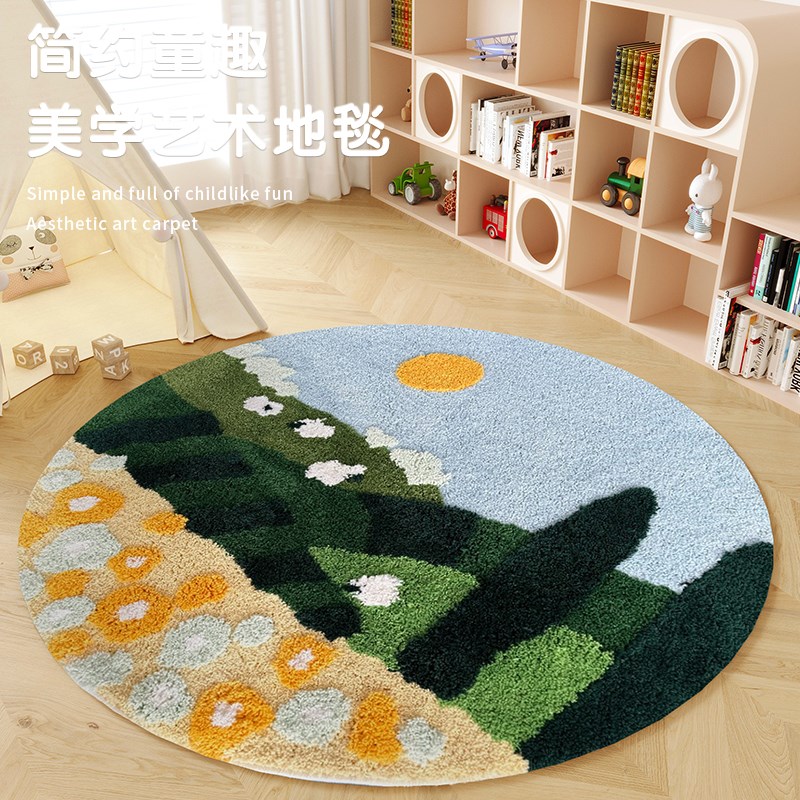 卡通儿童房绿色农场圆形地毯 卧室D爬行床边毯阅读区书桌植绒地毯