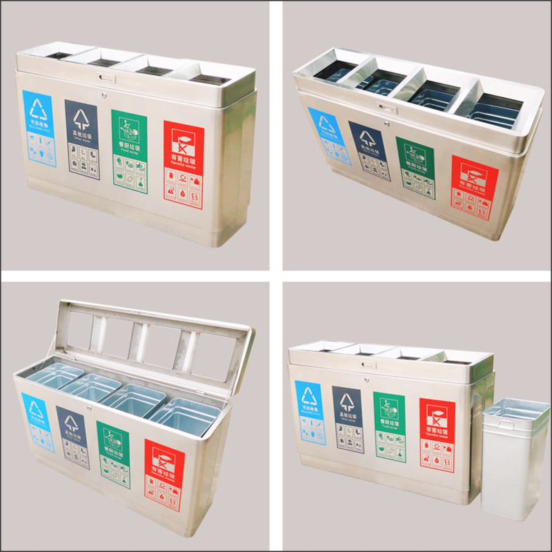 新款不锈钢分类垃圾桶无盖连身式双层直投口大容量商用干湿分离收