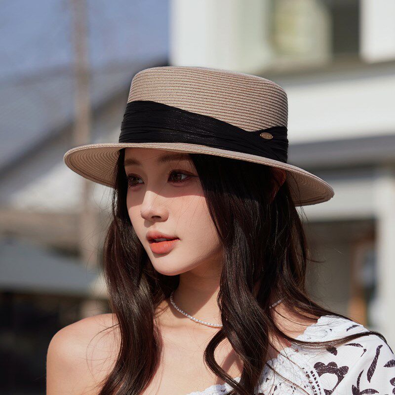 韩版简约百搭平顶草帽女夏出游遮阳防晒太阳帽Q海边沙滩平沿小礼