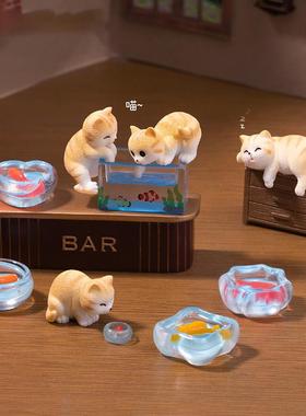 捞鱼爬缸小花猫咪公仔 娃娃屋鱼缸水族diy装饰品配件迷你小摆件