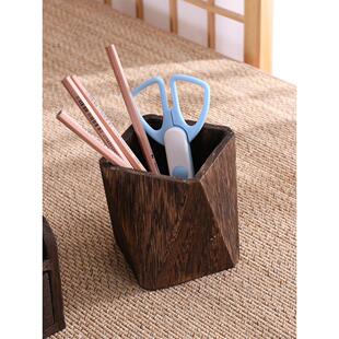 实木中式创意覆古笔筒办公室实木笔座化妆刷桶学生文具桌面收纳盒