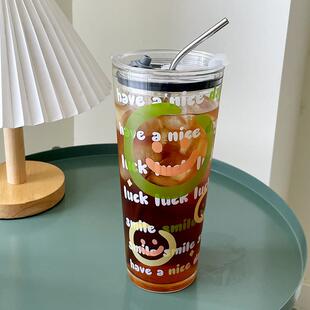 1L大容量广口杯耐高温玻璃杯带刻度水杯不锈钢吸管杯个性印花杯子