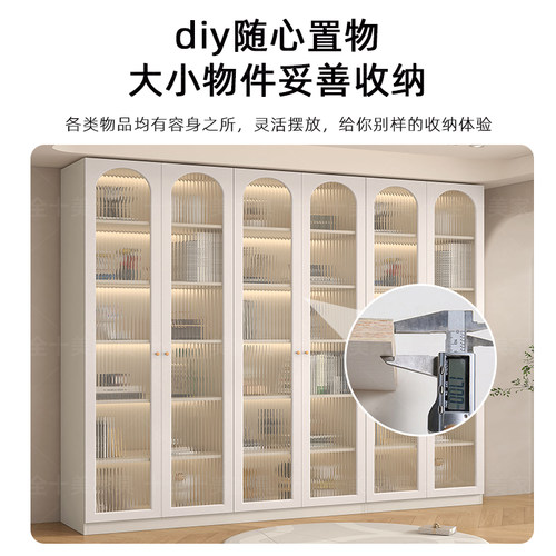 书柜带玻璃门展示柜子奶油风定制一体整墙到顶书架落地书橱储物柜