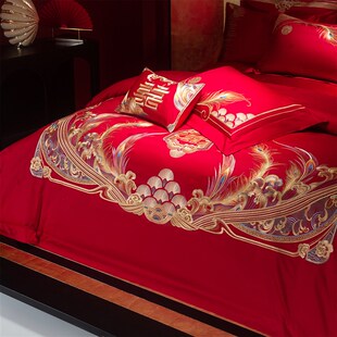 奢华全棉红色刺绣四件套结婚被套陪嫁喜被新婚嫁房床品