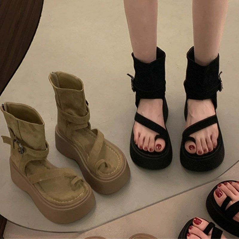 韩系厚底松糕高帮罗马凉鞋女2025夏季新款设计感小众沙滩夹趾凉靴,女鞋,时装凉鞋,淘宝优惠券,粉丝福利购,淘宝优惠卷