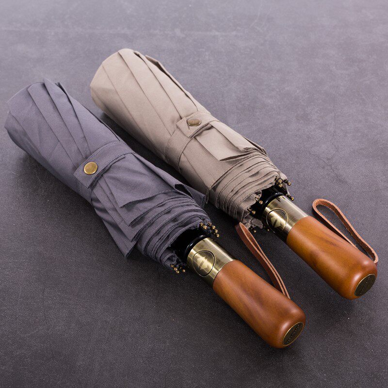 新品十骨超大号双层加固防风雨伞木柄三折叠全自动商务伞男女双人